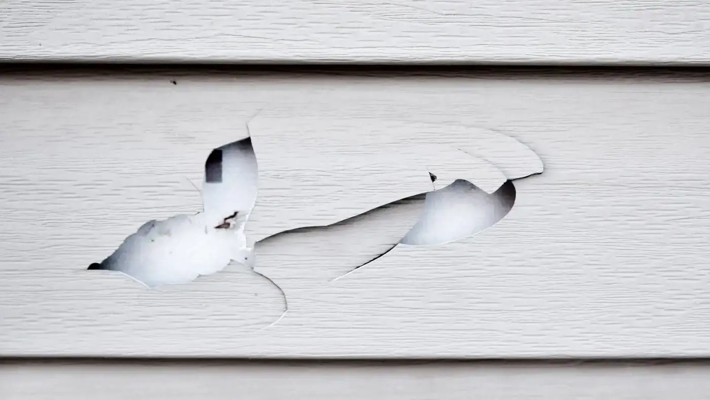 A close-up view of a large, jagged hole in a section of siding.