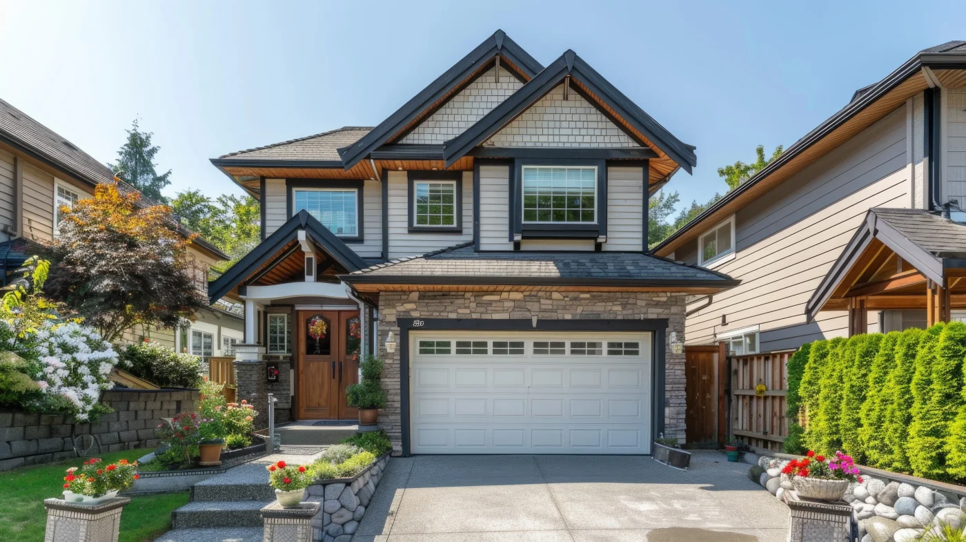 A multi-story home with a stone facade on the bottom and white siding on the upper level. The garage door is white, and the roofing is multiple shades of gray shingles. The front entrance is to the left of the garage and features two wooden doors.