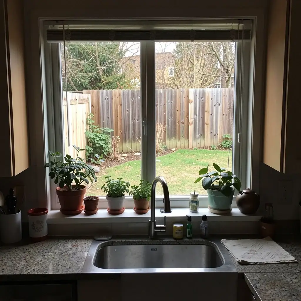A view from inside a kitchen, looking out the window and toward the yard. The window’s trim and sill are white, and multiple potted plants are lining the sill. The window is positioned right above a silver, single-basin sink.
