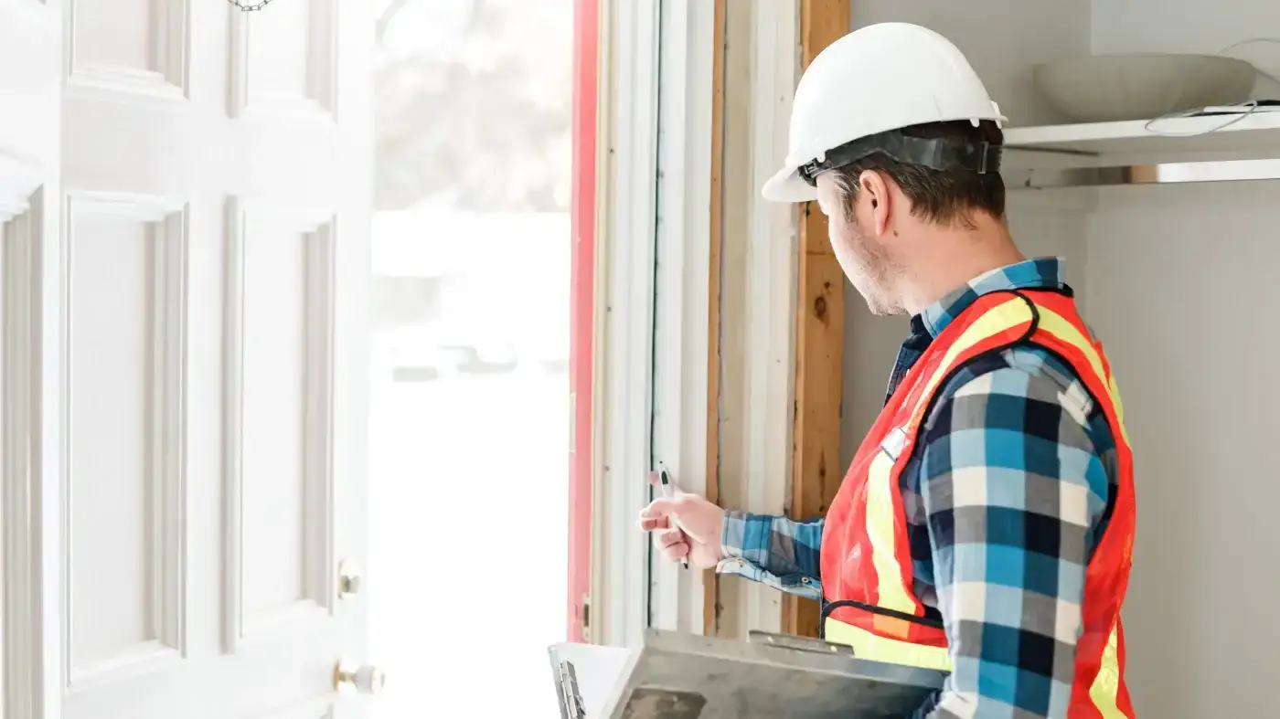 Close view of a man in a safety vest and hard hat inspecting an exterior door.