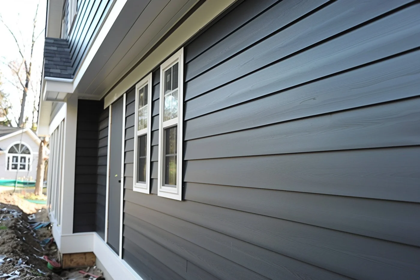Dark gray siding with a wood-grain pattern is installed on a home that is under construction. The home has white trim and white window frames.