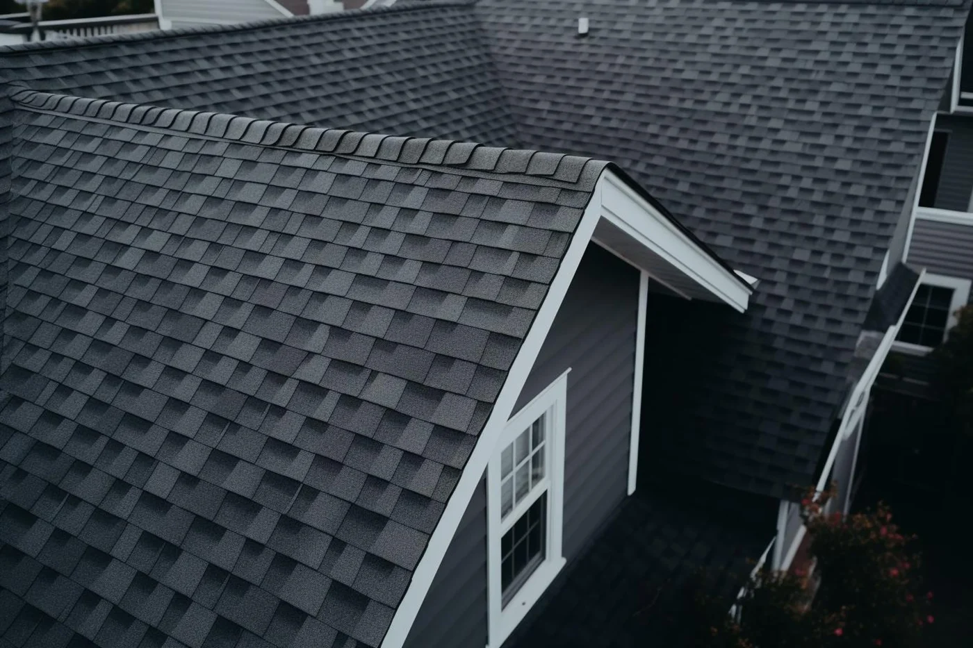A close-up view of a black asphalt roof installed on a two-story home.