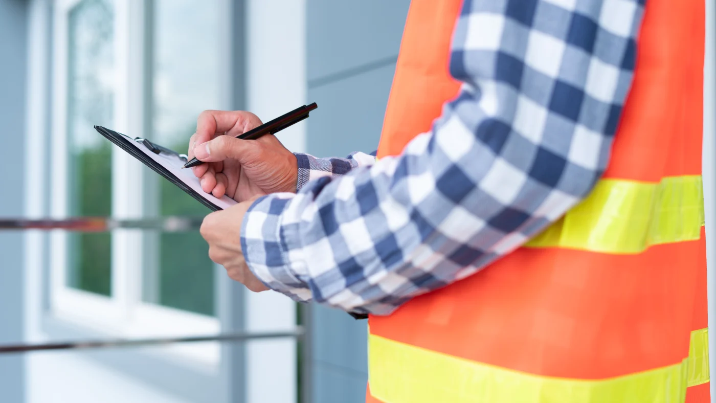 A close-up view of a roof inspector in a safety vest consulting a checklist on the clipboard in his hand.