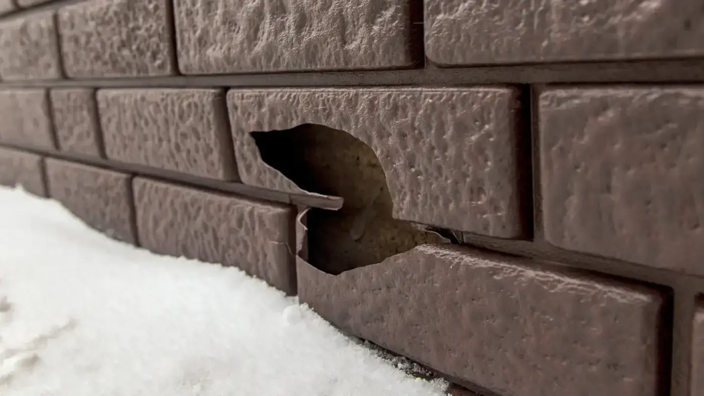 A close-up view of a hole in household siding designed to look like brick.