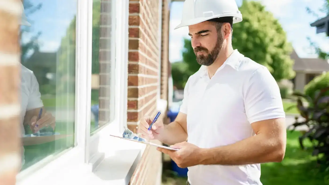 Thorough Window Inspections | Fairfield County, CT | Sound Renovation A close view of a man in a hard hat marking a checklist on a clipboard in his hand during a window inspection.