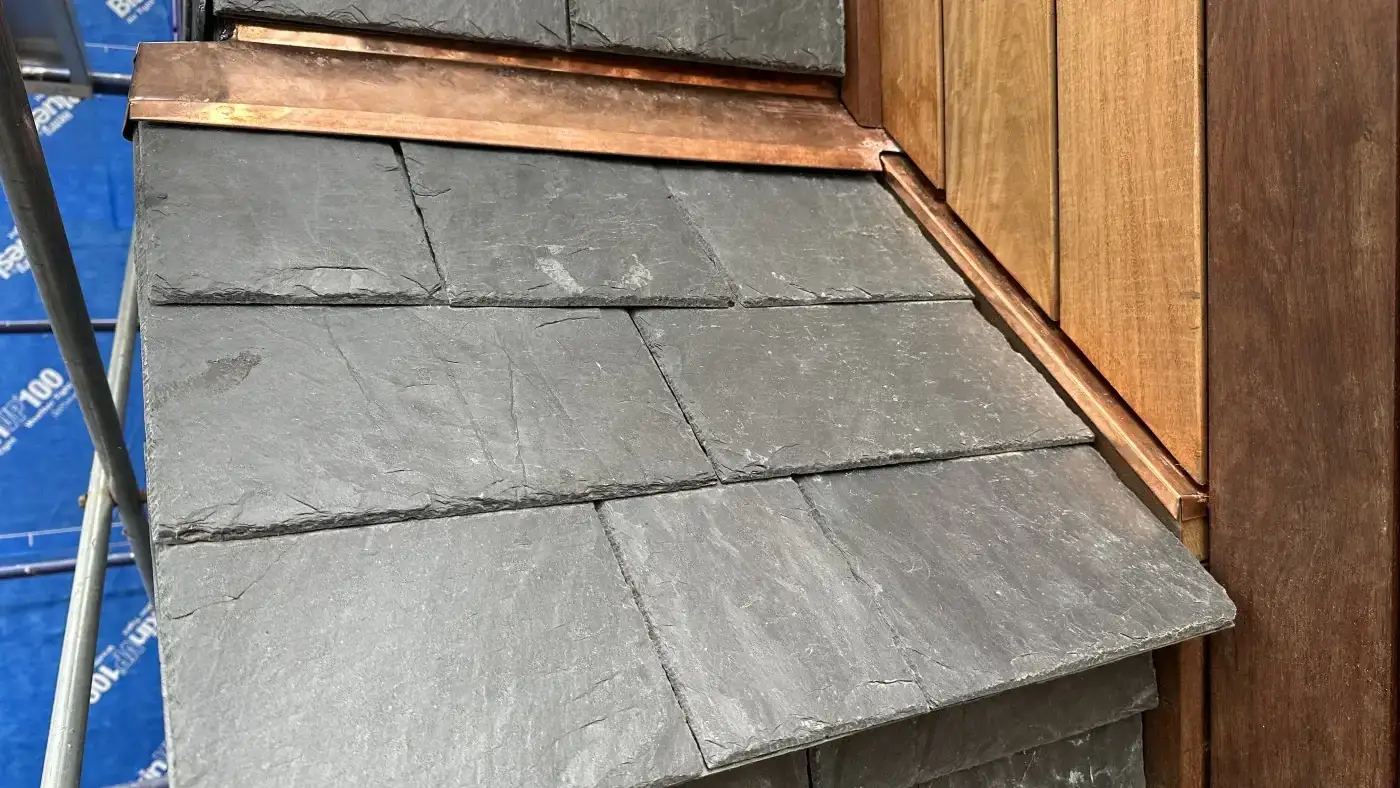 Top-Tier Slate Roofing | Fairfield County, CT | Sound Renovation A close-up of a new section of natural slate installed by Sound Renovation.