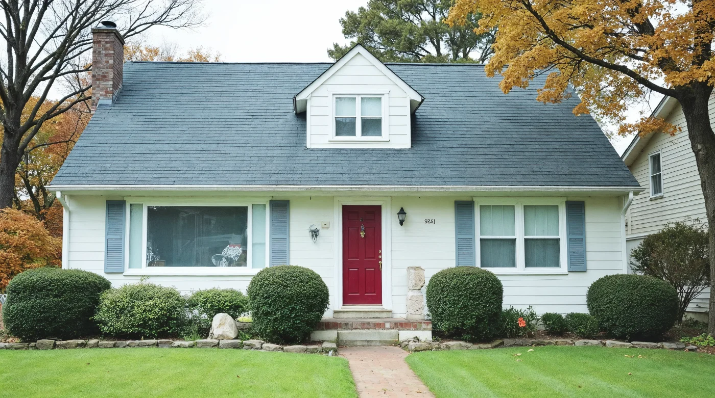A single-story home with white siding, light blue shutters, and a light gray shingled roof. The front door is bright red, and there are two large windows visible. The one to the left is a single pane picture window, and to the right is a pair of rectangular ones side by side.