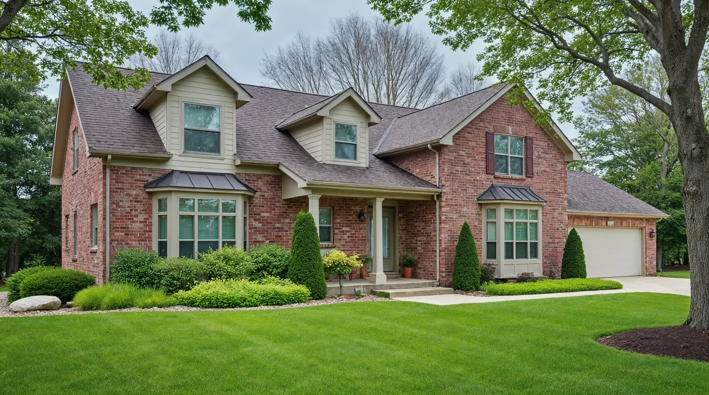 A multi-story red brick home with dark brown shingles on the roof. There are actions of the upper level of the home with tan siding. The window frames are tan, and so are the support columns for the front porch.