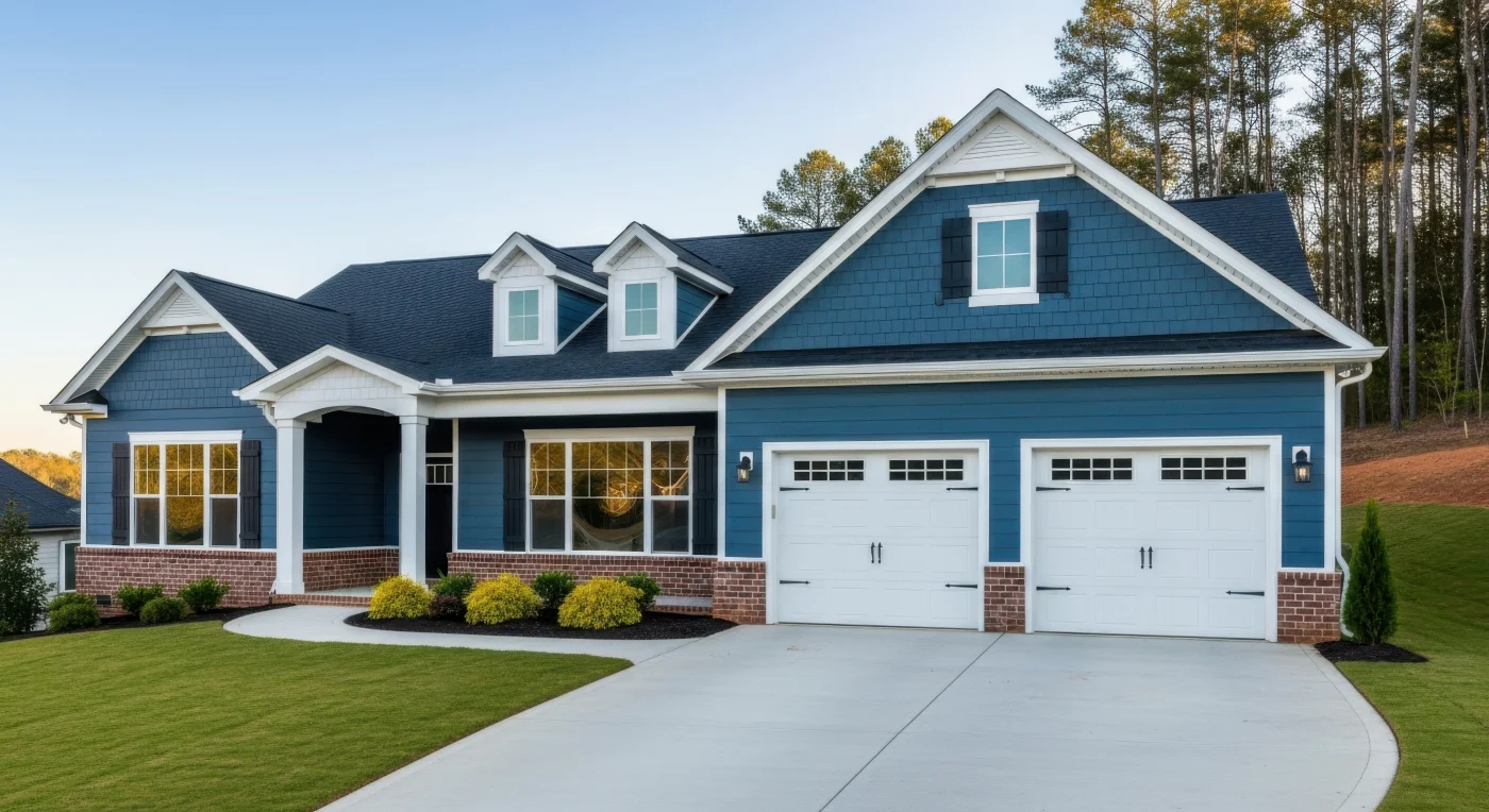 A home with dark blue siding and red brick accents on the lower level. The roof is black shingles, and the shutters are also black. The double garage doors are white, and so is the window trim.
