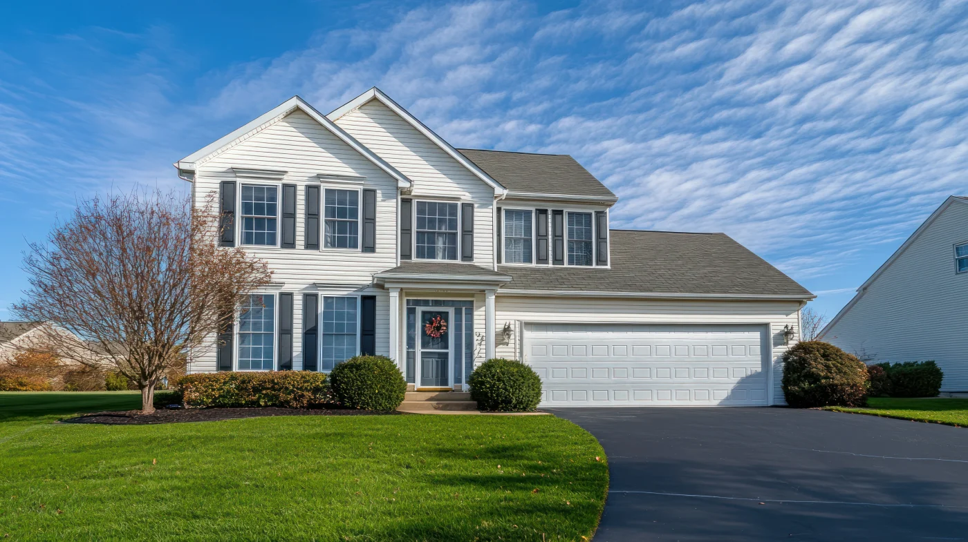 A large multi-story home with white siding and a gray shingled roof. There are multiple tall, rectangular windows on both levels, and they all have black shutters. The garage door is white.