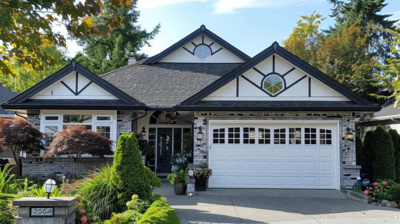 A single-family home with a gray brick exterior and gray roof. The gutters are black, and the window frames, trim, and garage door are white.
